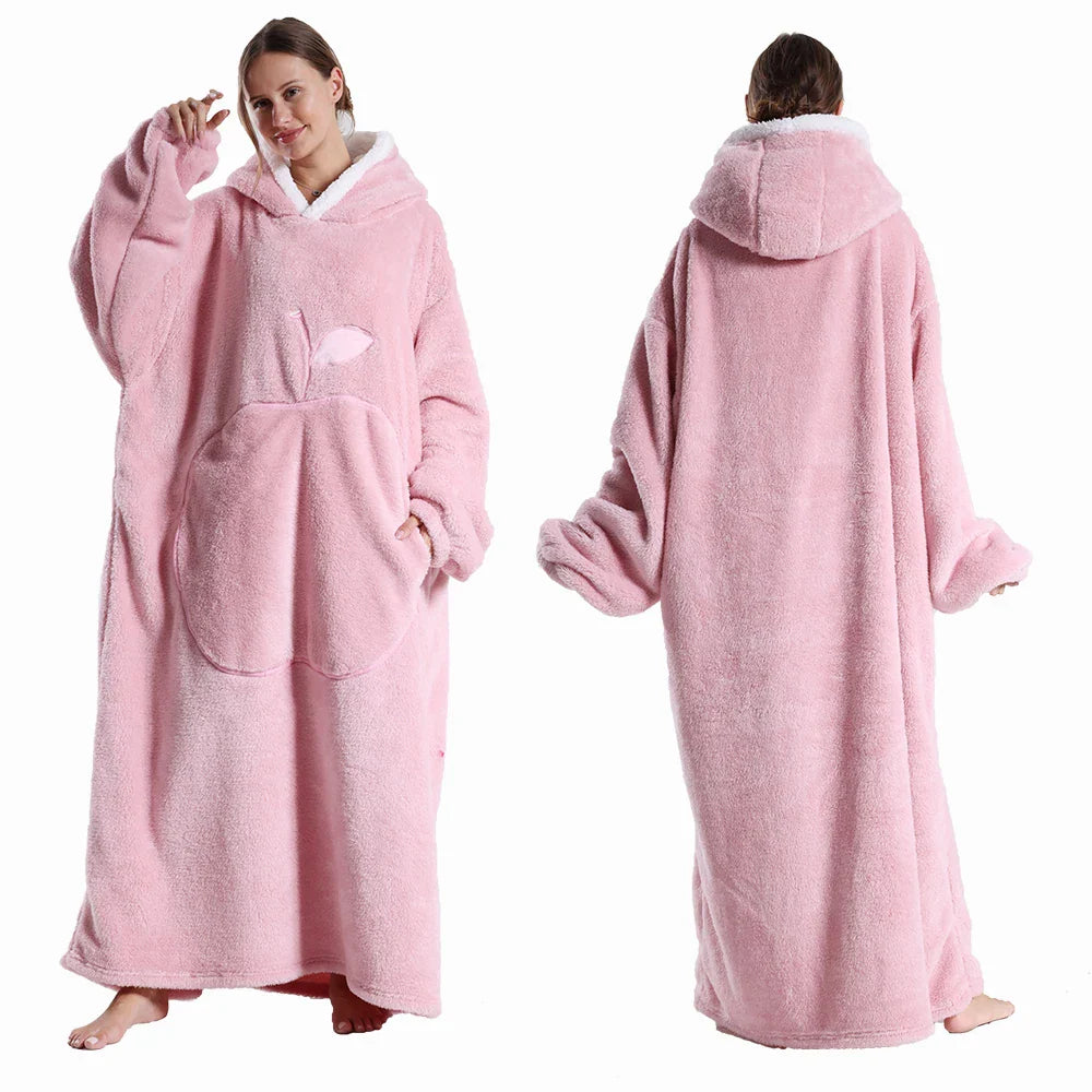 Extra Long Wearable Blanket - Winter Flannel Hooded Blanket with Full Sleeves, Cozy Soft Throw for Men and Women