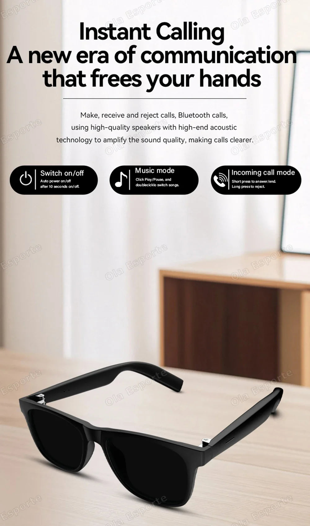Ola Esporte Smart Glasses — Bluetooth Call Sunglasses, Multi-Functional Anti-Blue Light Wireless Headset for Men and Women
