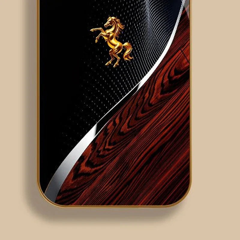Golden Horse Pattern Metallic Phone Case - Gold Glass Protective Cover for iPhone 11-18 Pro Max, Plus, Air & 16E