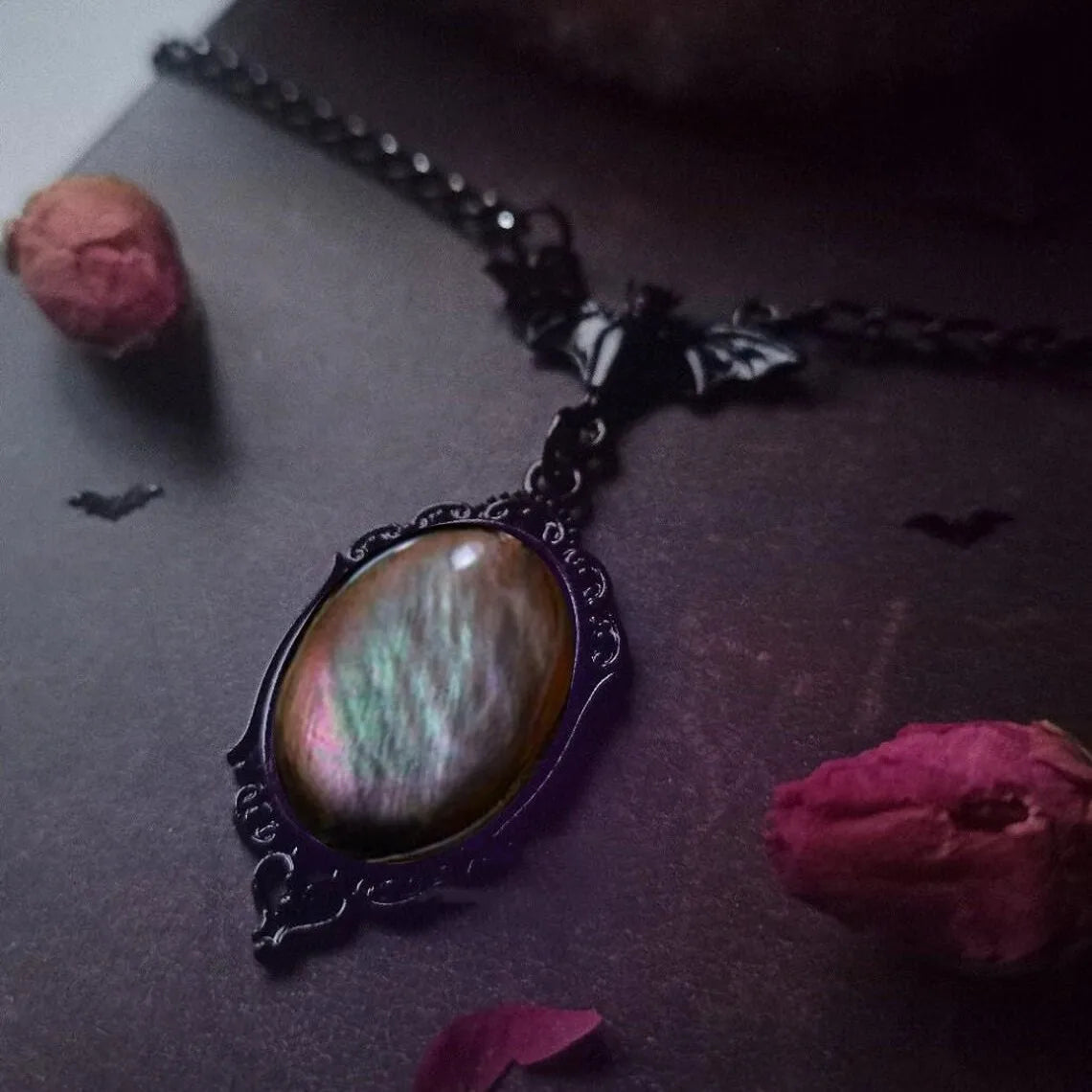 Gothic Vampire Blood Drop Necklace — Vintage Purple & Red Bat Eye Pendant, Witch Jewelry Accessory Gift for Women
