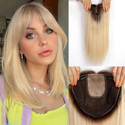 Brown Blonde Highlight Remy Human Hair Toppers – 16 Inch Straight Clip-In Silk Base Hairpiece for Women, Topper Hair Extensions