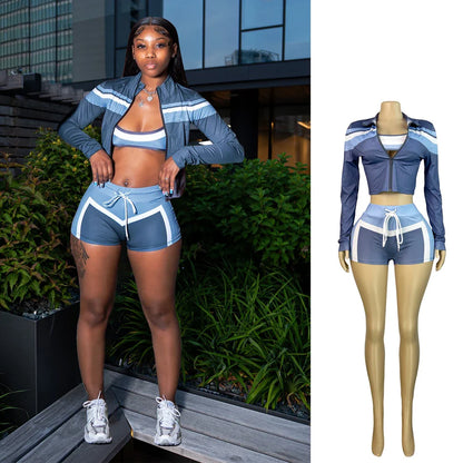 2025 Trending Women’s Summer 3-Piece Tracksuit – Color Block Sports Bra, Jacket & Shorts Gym Workout Set
