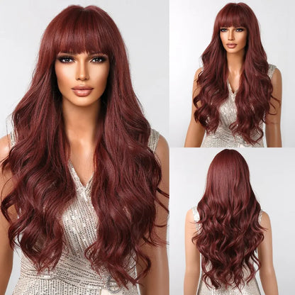 Brown Wavy Long Wig for Women with Bangs — Natural-Look Synthetic Hair, Heat-Resistant for Daily & Cosplay