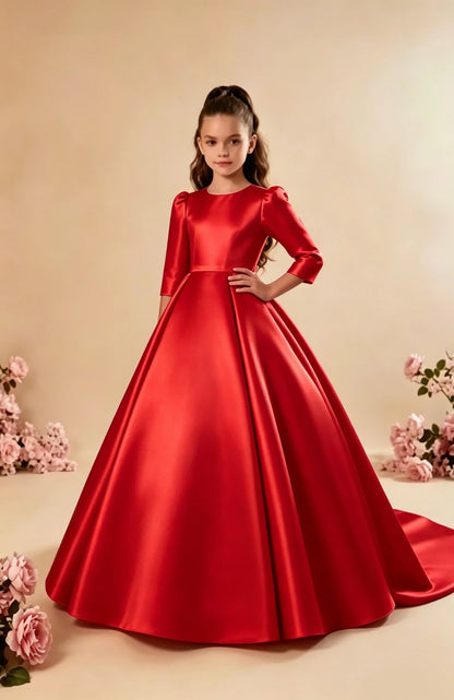 Girls First Communion Satin Dress - Long Sleeve A-Line Princess Gown for Weddings & Parties