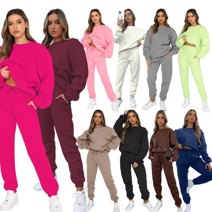Women’s Casual Long Sleeve Sweatshirt & Pants Set – Solid Color Pullover Trousers, Round Neck Autumn Winter Outfit
