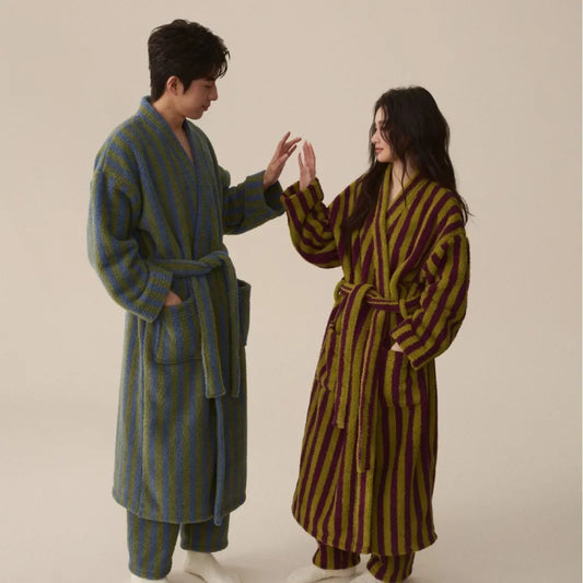 Couple’s Thickened Flannel Pajama Set – Coral Velvet Bathrobe & Striped Pants for Autumn Winter Homewear