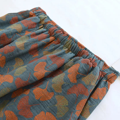 2025 Spring Summer Women's Pajama Pants – 100% Cotton Crepe Loose Fit Leaf Print Home Wear Bottoms