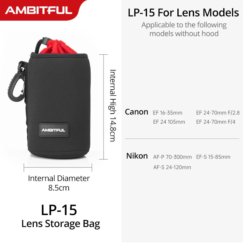 AMBITFUL Camera Lens Drawstring Bag — S/M/L/XL Pouches for Canon, Sony, Nikon DSLR Lenses