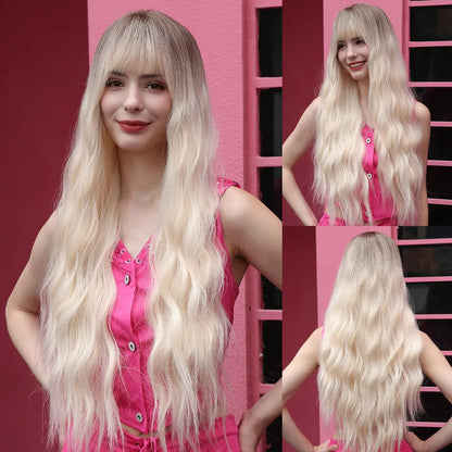 Long Orange Water Wave Wig for Women — Synthetic Wavy Hair with Bangs, Heat-Resistant for Cosplay & Party