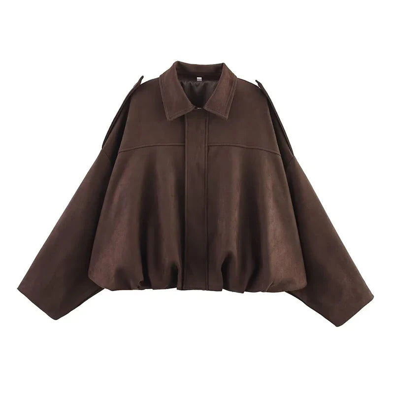 Women's Vintage Bomber Jacket Coat – Turn-Down Collar Long Sleeve Loose Fit Chic Fashion Outerwear