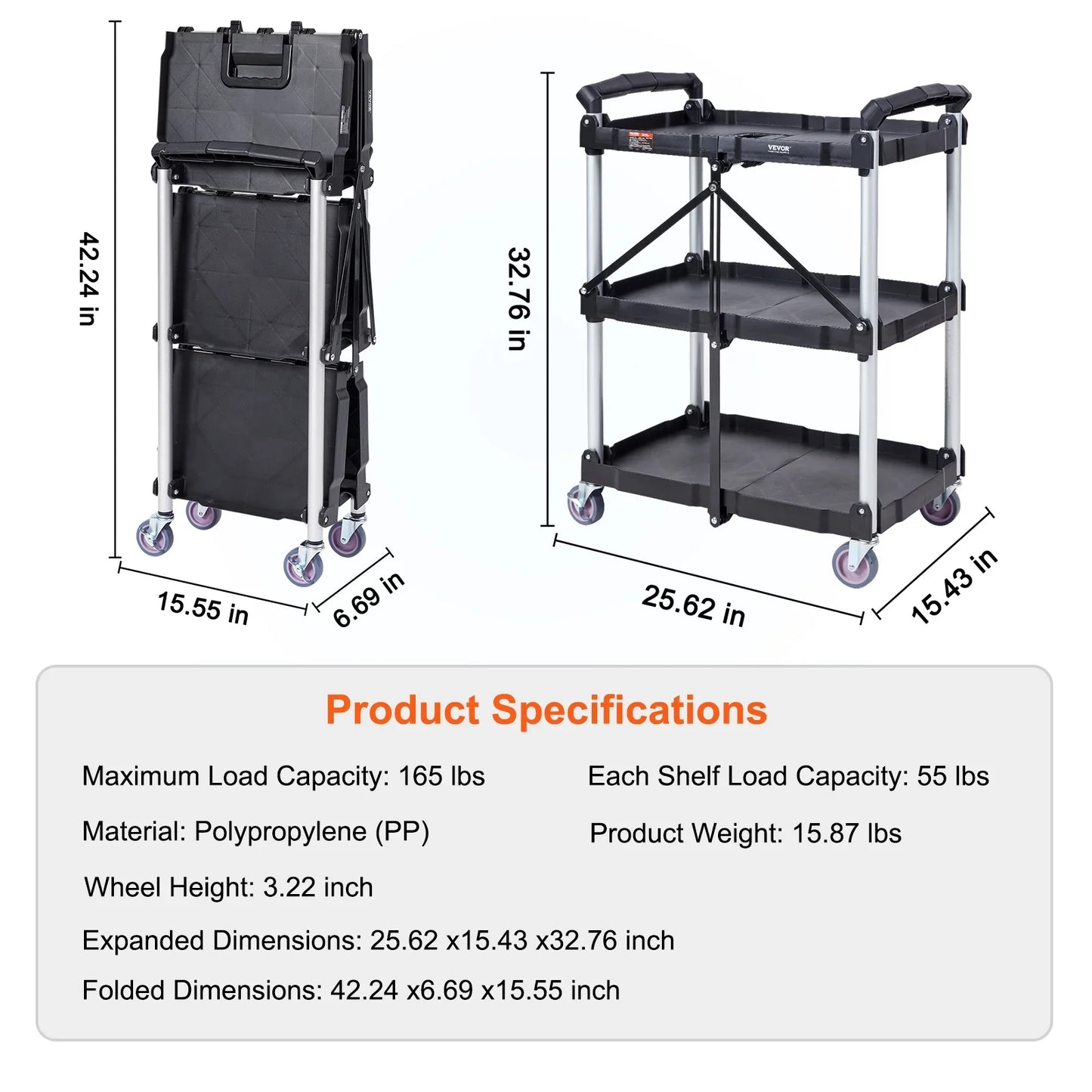 VEVOR 3-Tier Folding Rolling Utility Cart – Slim Storage Shelf & Slide Organizer for Kitchen & Bathroom