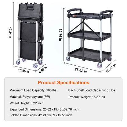 VEVOR 3-Tier Folding Rolling Utility Cart – Slim Storage Shelf & Slide Organizer for Kitchen & Bathroom