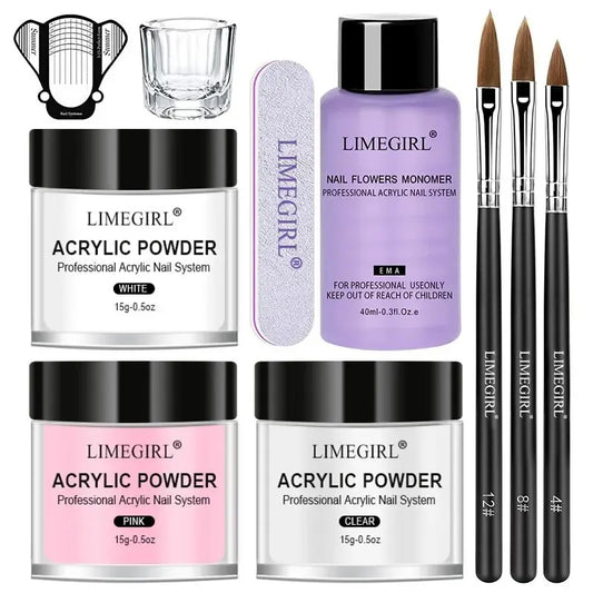 Acrylic Powder and Liquid Monomer Nail Art Kit – Crystal Glitter, 3D Tips, Carving Tools for Manicure Decoration