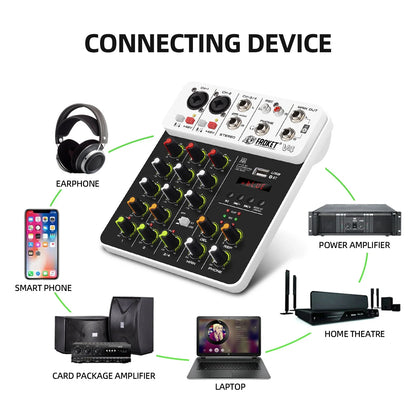 V4 4-Channel Audio Interface Mixer — USB & Bluetooth with 48V Phantom Power, Effects & Recording