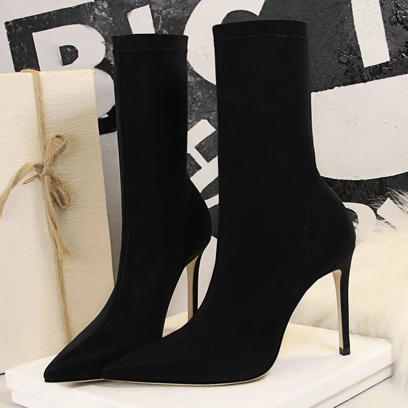 Women’s Satin Sock Ankle Boots - 7.5cm & 10cm High Heels Pointed Toe Winter Fashion Boots