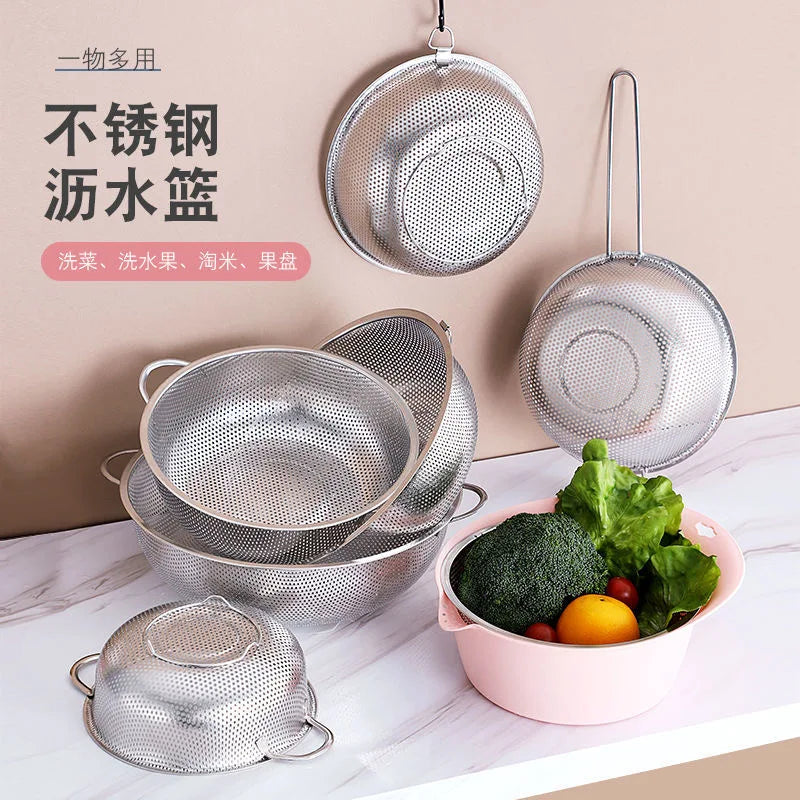 Stainless Steel Drain Basket Colander – Fruit, Vegetable & Rice Strainer with Handle for Kitchen