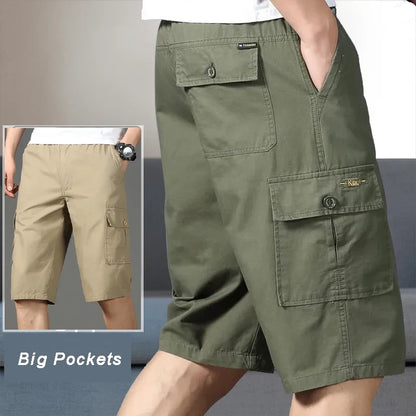 Men's Cargo Knee Shorts - Cotton Summer Climbing Jogger Pants with Zipper Pockets & Elastic Waist