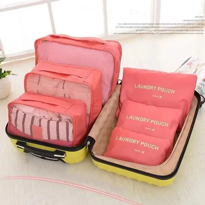 6 Piece Travel Storage Bag Set – Large Capacity Waterproof Luggage and Clothing Bags in Pink, Blue and Grey | Zipper Closure
