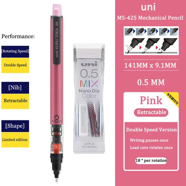 UNI KURU TOGA M5-452 Mechanical Pencil 0.5mm – Rotating Lead Automatic Pencil for Continuous Writing & Sketching
