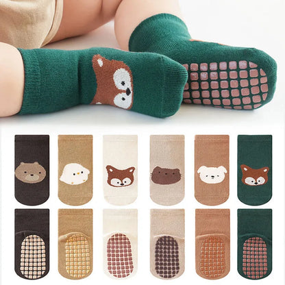 Kids Cartoon Fox & Bear Non-Slip Socks - 6 Pairs Comfortable Floor Socks for Toddlers