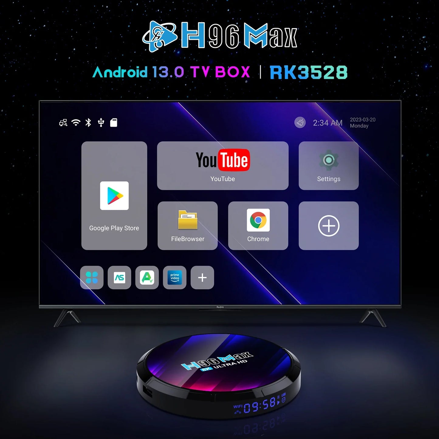 H96MAX Android TV Box RK3528 – 4K & 8K Video, WiFi6, BT5.0, 2.4G/5.8G, Set-Top Box for Streaming and Media Playback