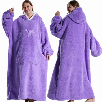 Extra Long Wearable Blanket - Winter Flannel Hooded Blanket with Full Sleeves, Cozy Soft Throw for Men and Women