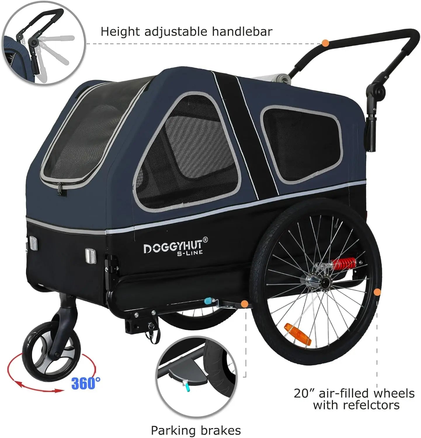 S-Line XL Pet Bike Trailer & Stroller — Folding Dog Cart with Suspension Wheels for Pets up to 100 lbs