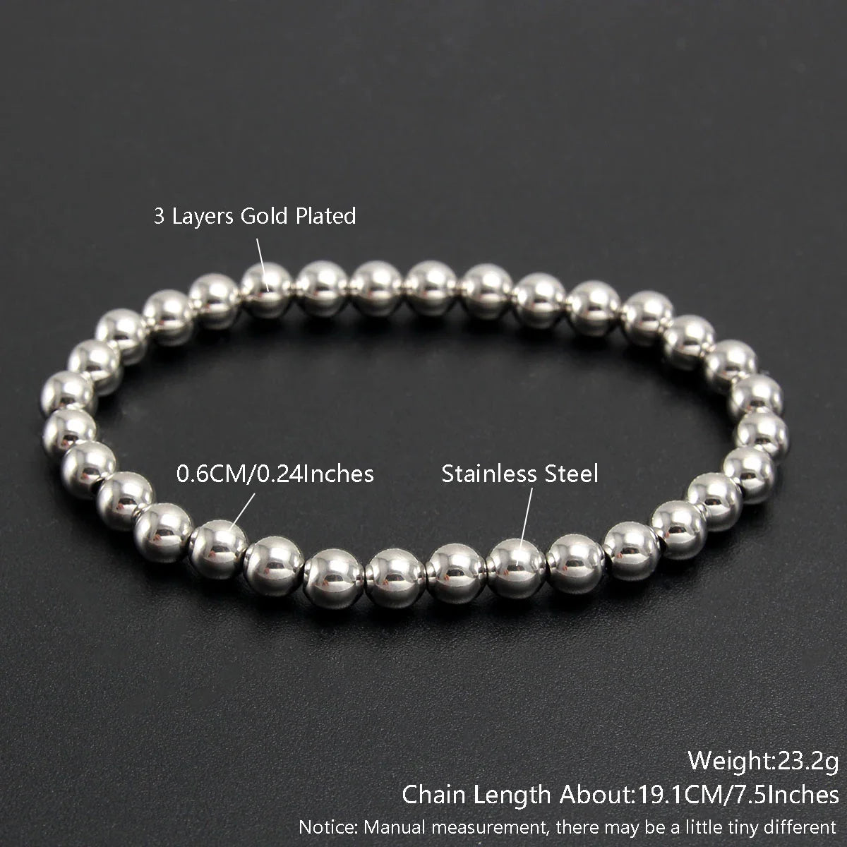 MHS.SUN Trendy Stainless Steel Stretch Bracelet — Gold & Silver Beaded 2mm/5mm/8mm for Men & Women