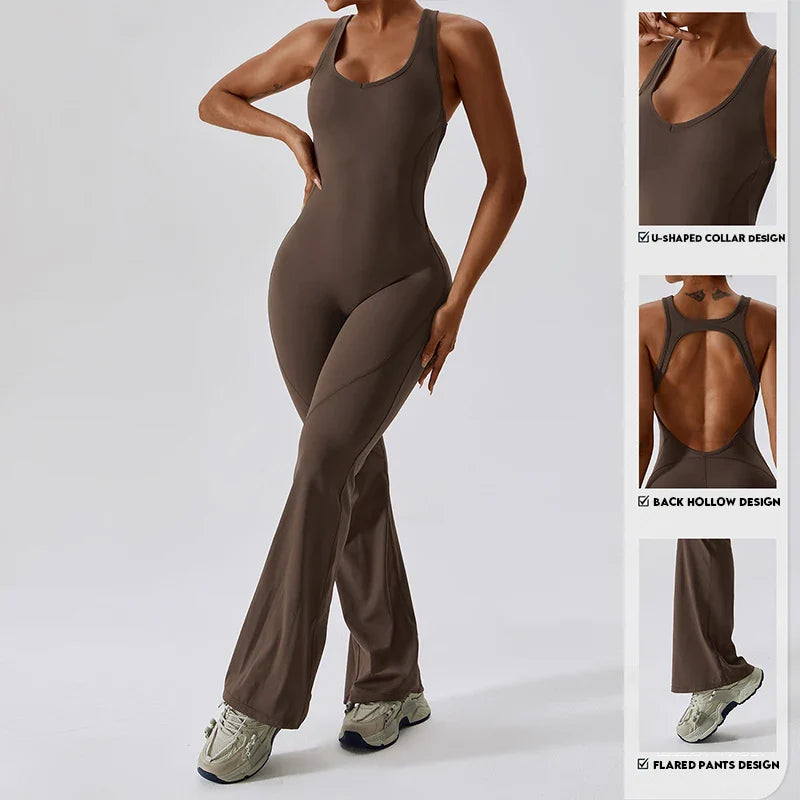 Flaunt Your Style: Sexy Back V Jumpsuit Gym Set - Women's Sportswear, Fitness Rompers for Stretch Workout Bodysuits