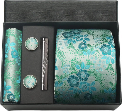 100% Silk Paisley Floral Necktie Set for Men - Premium Business Tie with Pocket Square Tie Clip Cufflinks Gift Box