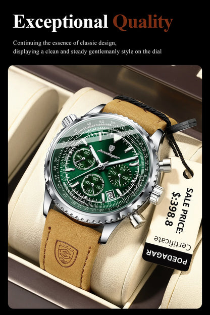 POEDAGAR Luxury Men's Quartz Watch Waterproof Luminous Date Chronograph Leather Military Sports Wristwatch