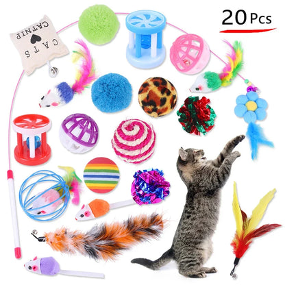 20-Piece Cat Toy Set - Interactive Kitten Toys with Feather Wand, Sisal Mouse, Bell & Balls
