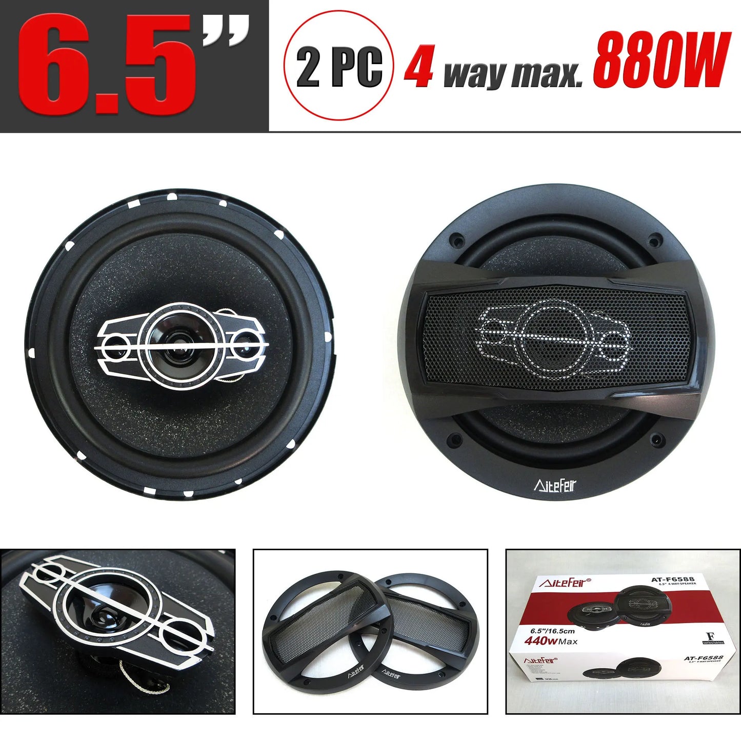 6.5 Inch 880W 4-Way Universal Car Coaxial Speakers - Full Range HiFi Stereo with Non-Destructive Installation