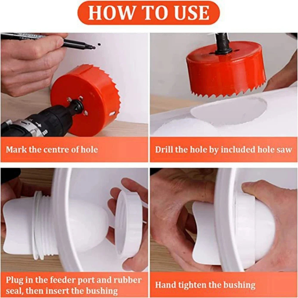 Automatic Gravity Chicken Feeder – DIY Rainproof Poultry Feeder with Food Hole Opener Tool to Reduce Spillage for Chickens & Ducks