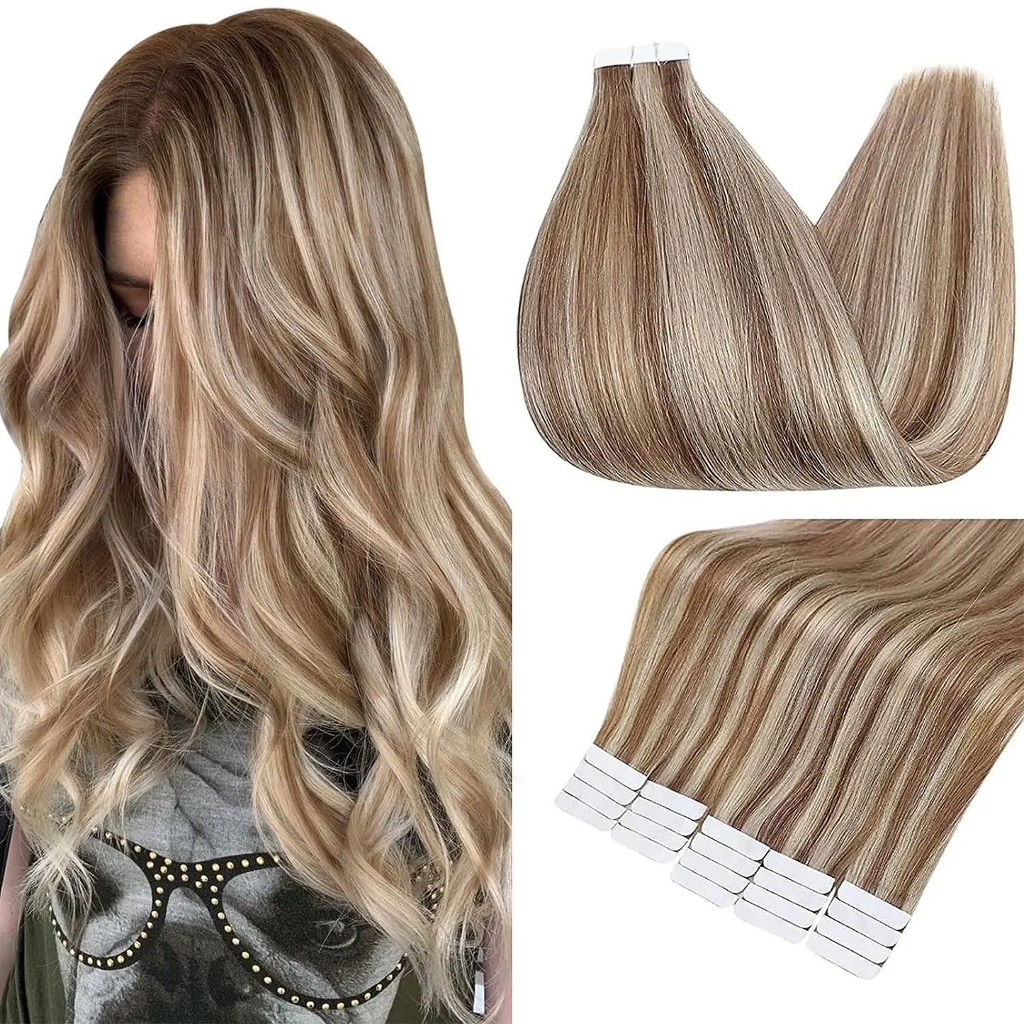 Full Shine Tape In Human Hair Extensions - 100% Remy Straight Hair Double Sided Silky Natural Tapes for Women