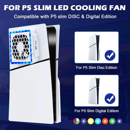 NEW Side-Mounted Cooling Fan for PS5 Slim – LED Light & 2 USB Ports Game Console Cooler Accessory