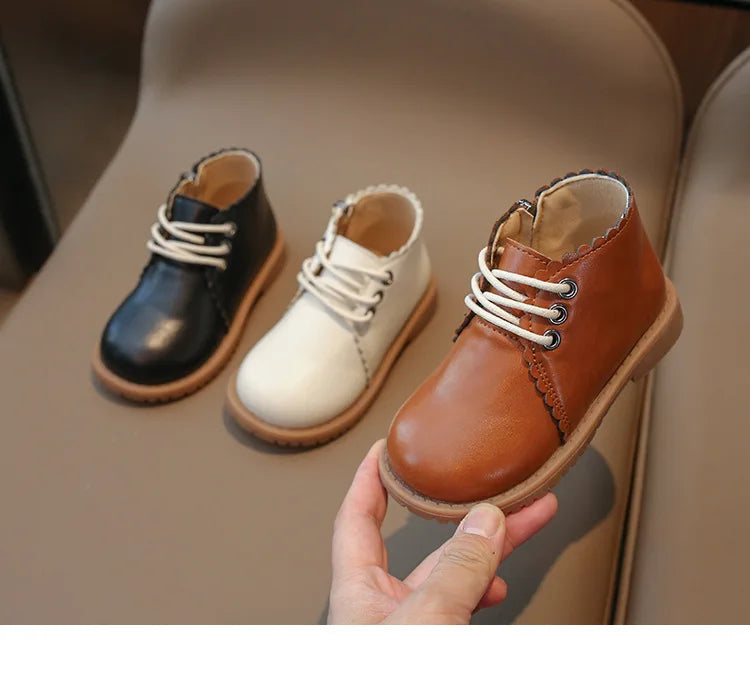 Girls’ Leather Ankle Boots 2024 — Spring & Autumn Lace-Up Side Zipper Rubber Boots, Sizes 21-30
