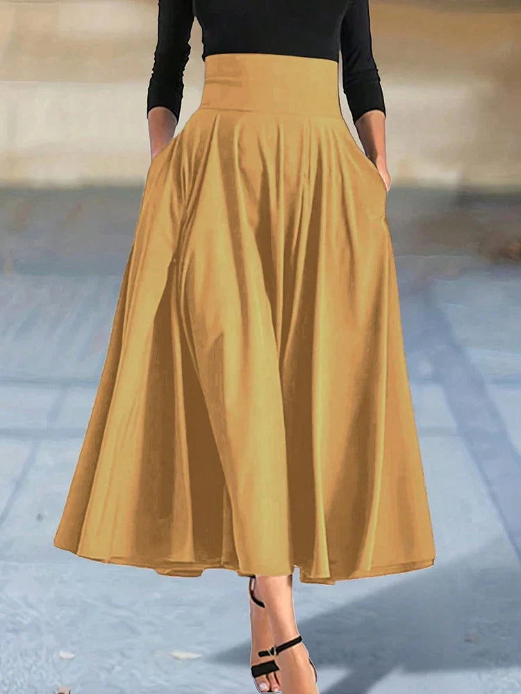 Women’s Solid Color A-Line Skirt – High Elastic Waist Long Elegant Skirt with Bow Detail Casual Fashion Skirt for Women Clothing