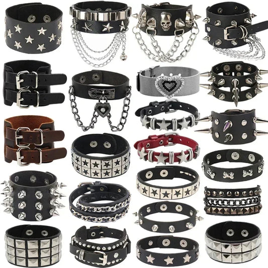 Punk Rock Hip Hop PU Leather Bracelet – Unisex Skull, Pentagram & Rivet Chain Bracelet, Trendy Party Jewelry Accessory