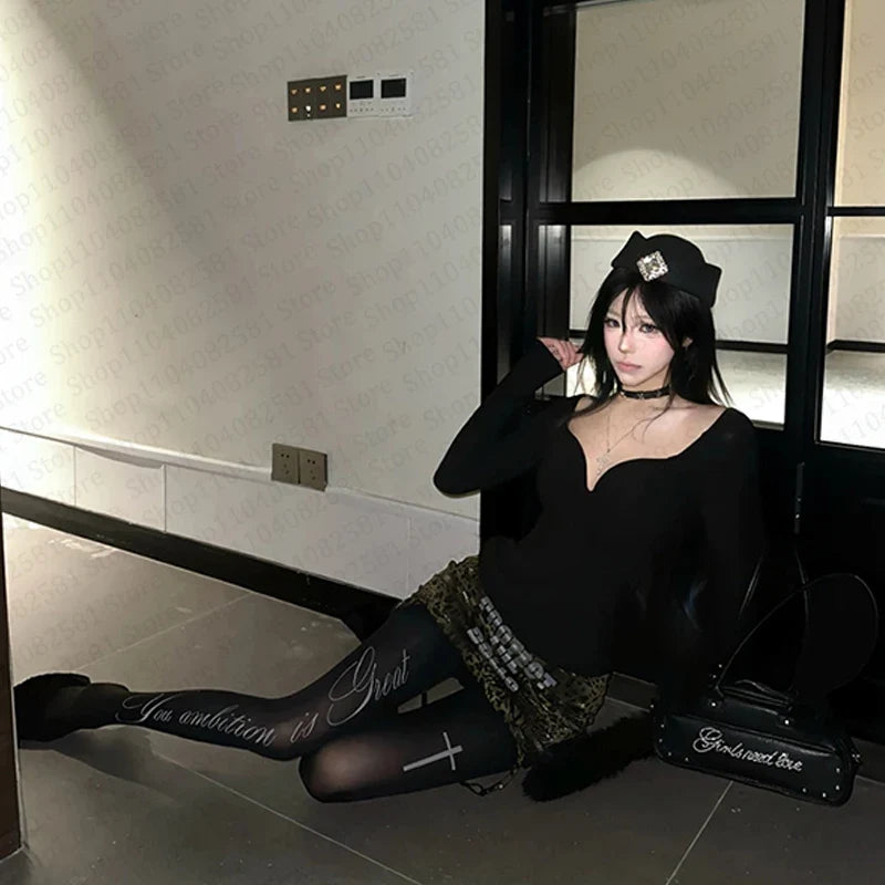 Y2K Letter Print Pantyhose - Black Punk Gothic Lolita Style Tights for Women