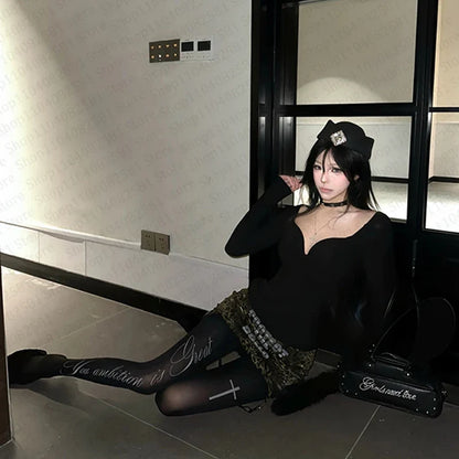 Y2K Letter Print Pantyhose - Black Punk Gothic Lolita Style Tights for Women