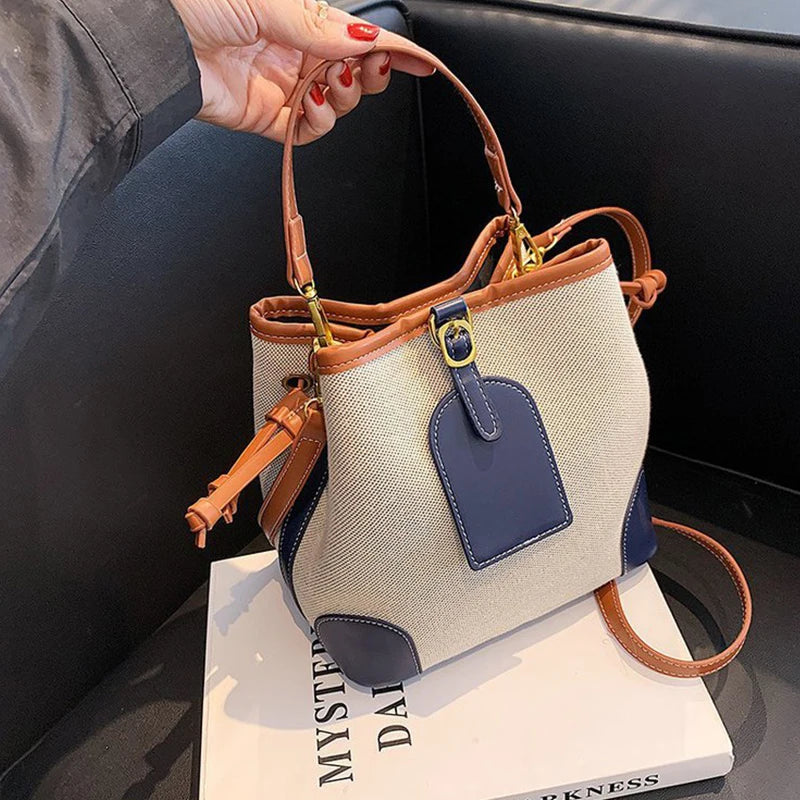 2022 New Korean Style Fashionable Portable Bucket Bag – Trendy Canvas Contrast Texture Messenger Bag