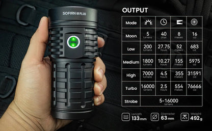 Sofirn Q8 Plus Super Powerful LED Flashlight - 16000 Lumens, USB-C Rechargeable 21700 Torch with Anduril 2.0 & Reverse Charging