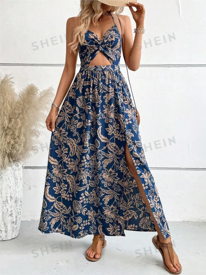 Women’s Summer Halter Neck Dress – Sexy Hollow Backless Lace-Up, Pleated Printed Casual Loose Split Dress