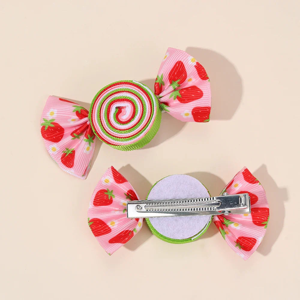 2-Piece Candy Bow Hair Clips – Sweet Strawberry & Heart Print Barrettes for Girls & Kids