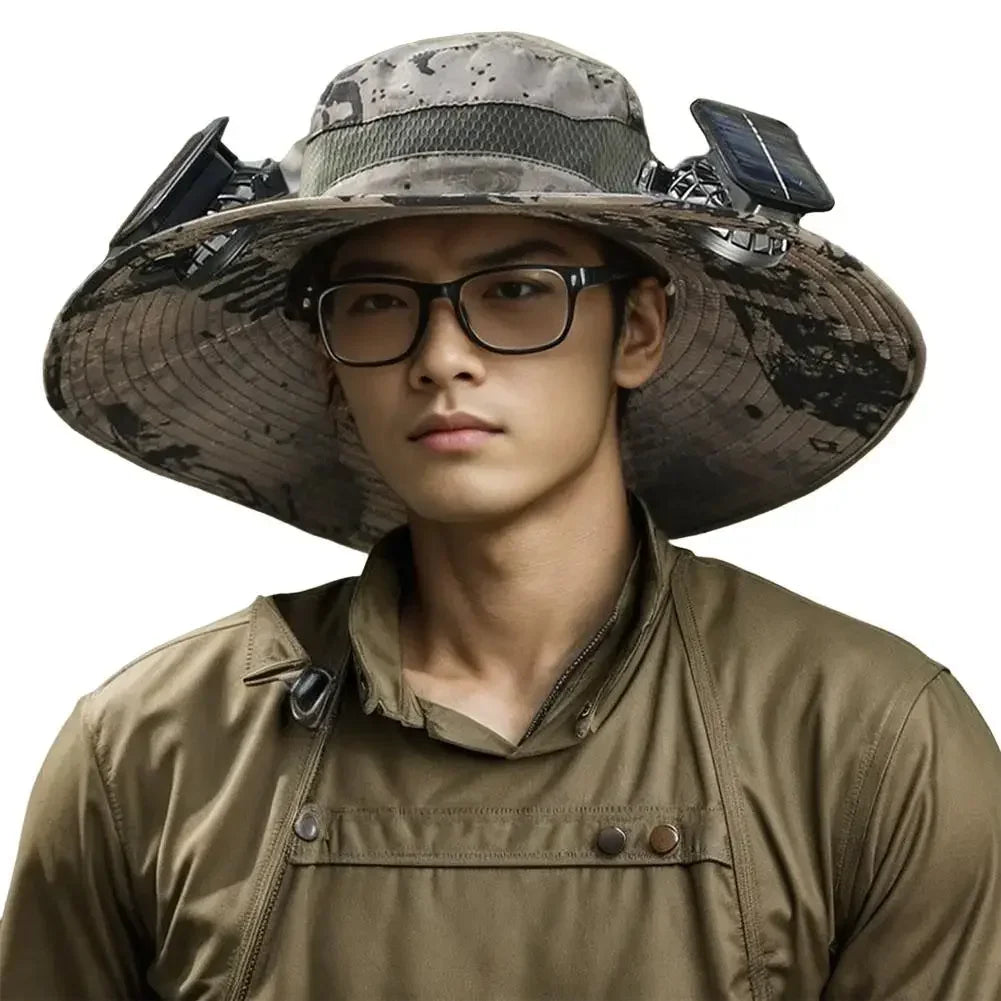 Men’s Wide Brim Solar Fan Hat – UPF50+ Sun Protection, Dual Power USB Adjustable Outdoor Hat for Beach & Fishing