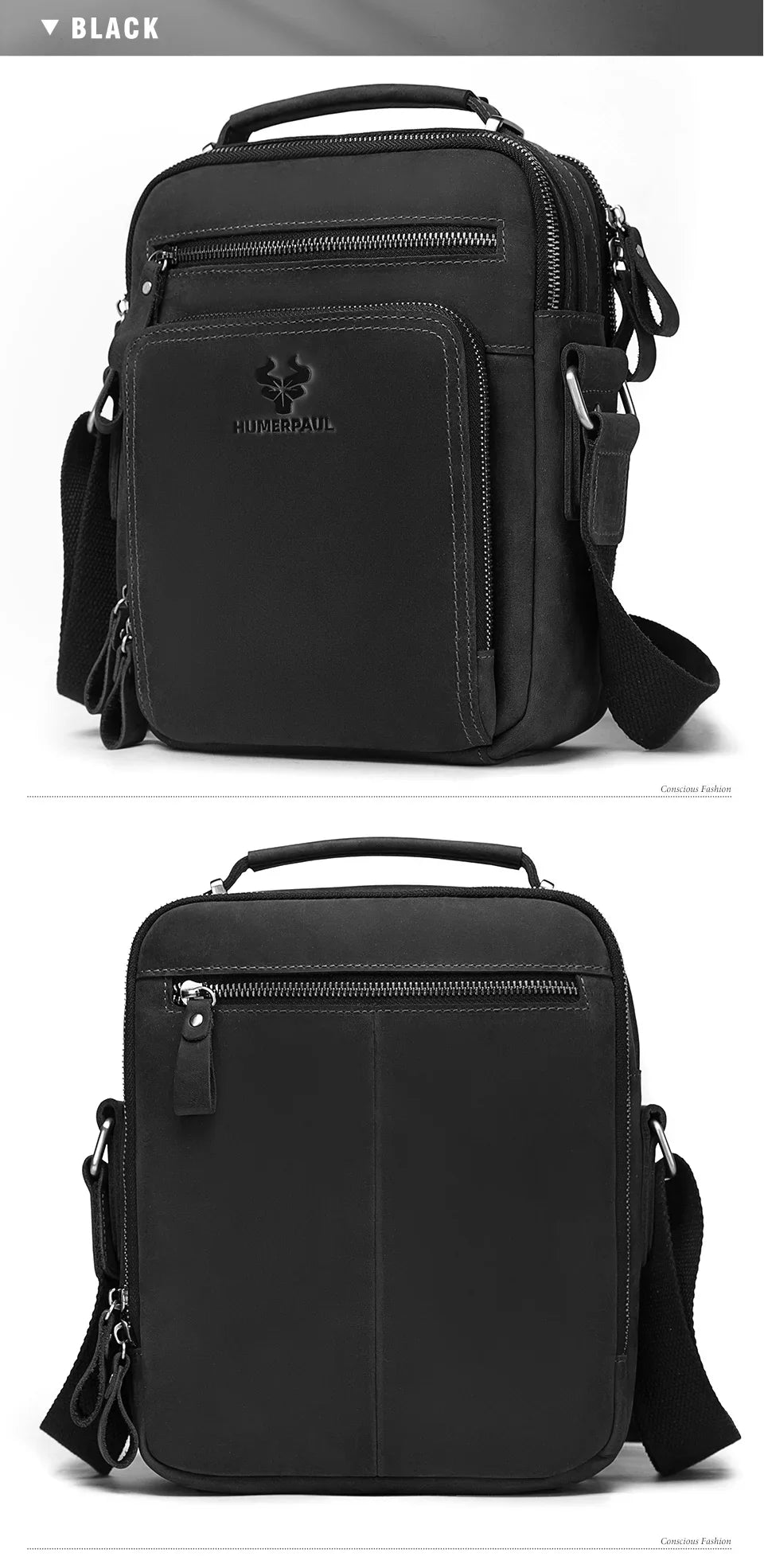 HUMERPAUL Genuine Leather Men's Shoulder Bag – Vintage Crossbody, Large Capacity Messenger Tote for Travel