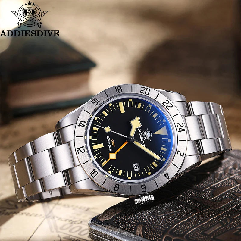ADDIESDIVE GMT Men’s Diver Watch – 39mm Stainless Steel, Luminous Calendar Display, 20ATM Quartz Reloj Hombre