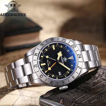 ADDIESDIVE GMT Men’s Diver Watch – 39mm Stainless Steel, Luminous Calendar Display, 20ATM Quartz Reloj Hombre