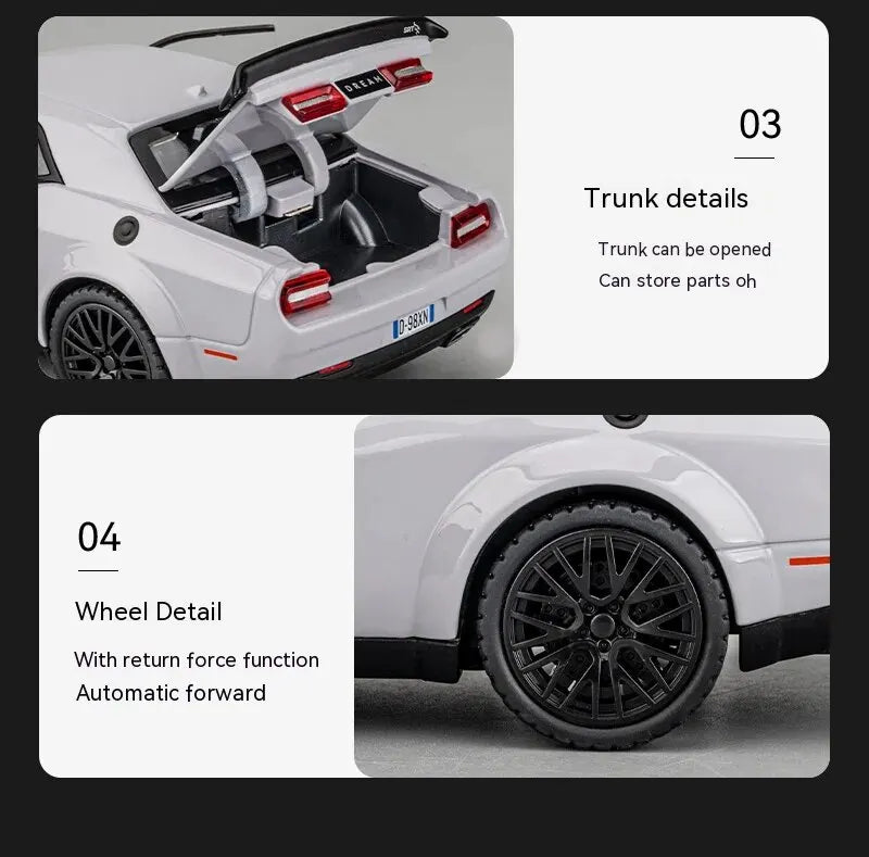 Dodge Challenger Hellcat 1:32 Scale Die-Cast Toy Car – Pull Back Model with Sound and Light Features